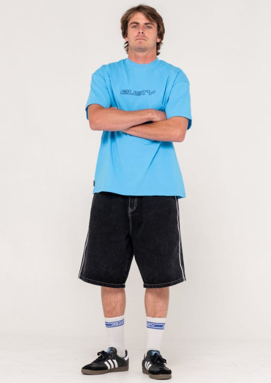 Rusty Flip Daddy Draggin Mens Denim Shorts in black on model wearing light blue tee