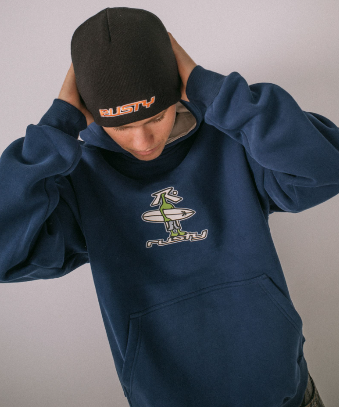 Rusty Flip Daddy Reversible Beanie in black on model in blue rusty hoodie