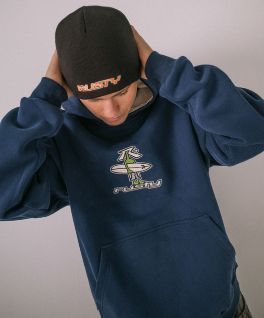 Rusty Flip Daddy Reversible Beanie in black on model in blue rusty hoodie