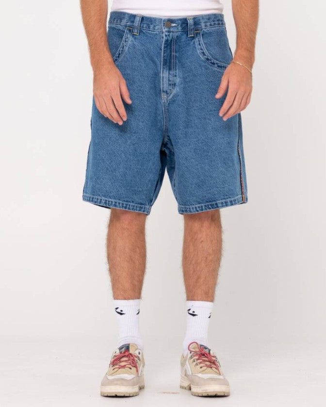 Rusty Flip Daddy 2.0 Denim Shorts/Jorts in middy blue from front