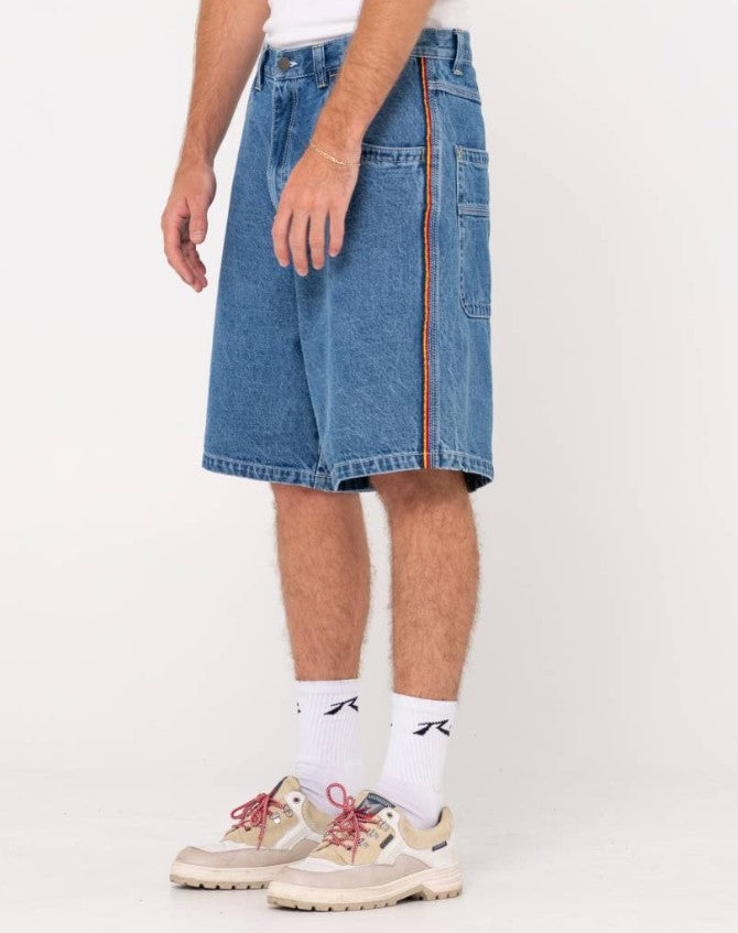 Rusty Flip Daddy 2.0 Denim Shorts/Jorts in middy blue from side