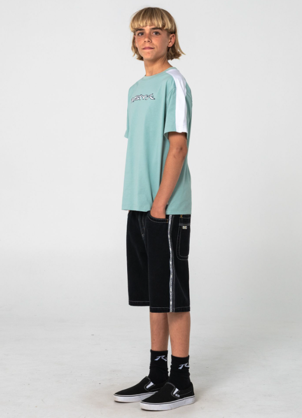 Rusty Flip Daddy Taped Boys Denim Shorts in blackout form side on model in green rusty tee