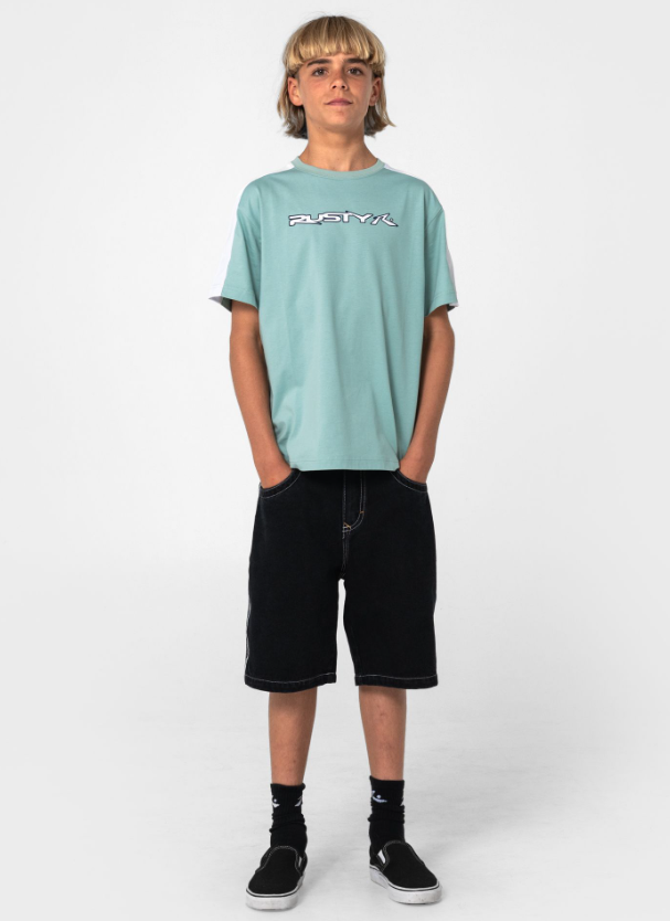 Rusty Flip Daddy Taped Boys Denim Shorts in blackout on model in green rusty tee