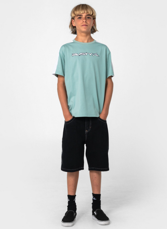 Rusty Flip Daddy Taped Boys Denim Shorts in blackout on model in green rusty tee