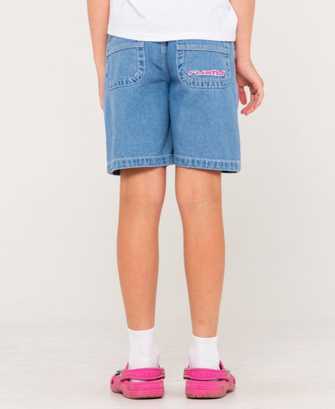Rusty Flip Girl Low Rise Wide Denim Shorts in middy blue with pink detail from rear