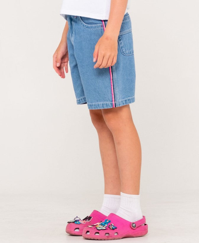Rusty Flip Girl Low Rise Wide Denim Shorts in middy blue with pink detail from side