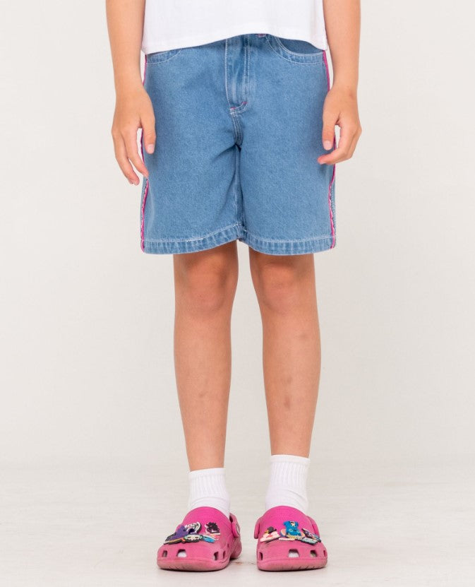 Rusty Flip Girl Low Rise Wide Denim Shorts in middy blue with pink detail from front