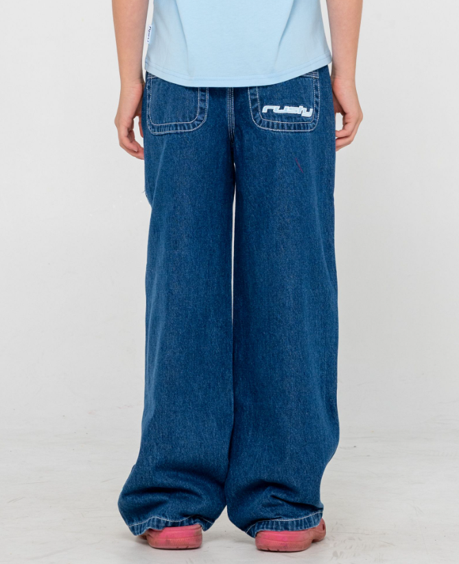 Rusty Flip Girl Low Rise Girl's Denim Jeans in deep sea blue colourway from  rear