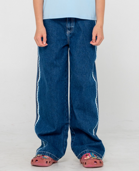 Rusty Flip Girl Low Rise Girl's Denim Jeans in deep sea blue colourway from front