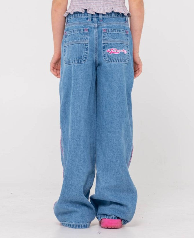 Rusty Flip Girl Low Rise Denim Jeans in middy blue with pink details from rear