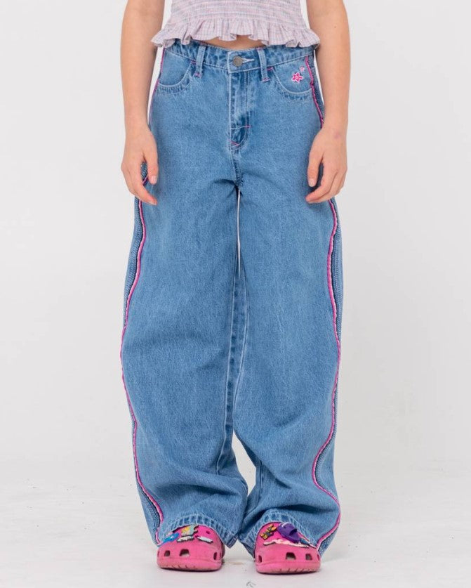 Rusty Flip Girl Low Rise Denim Jeans in middy blue with pink detail