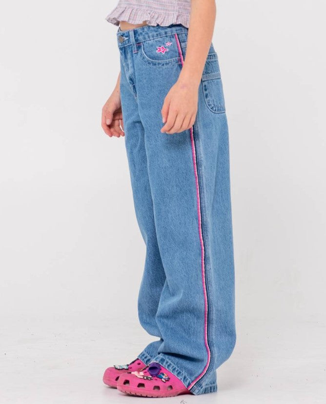 Rusty Flip Girl Low Rise Denim Jeans in middy blue with ink detail from side