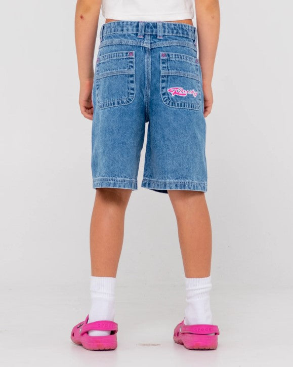 Rusty Flip Girl Low Rise Denim Jorts in sea blue colour with fuschia embroidery