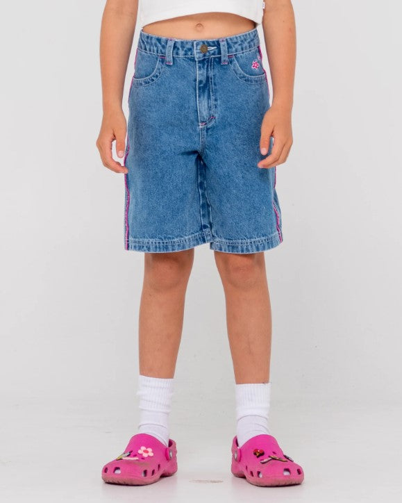 Rusty Flip Girl Low Rise Denim Jorts in sea blue colour with fuschia taping and embroidery