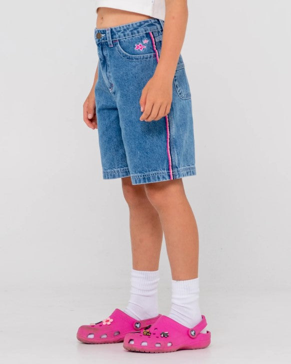 Rusty Flip Girl Low Rise Denim Jorts in sea blue colour wth fuschia taping