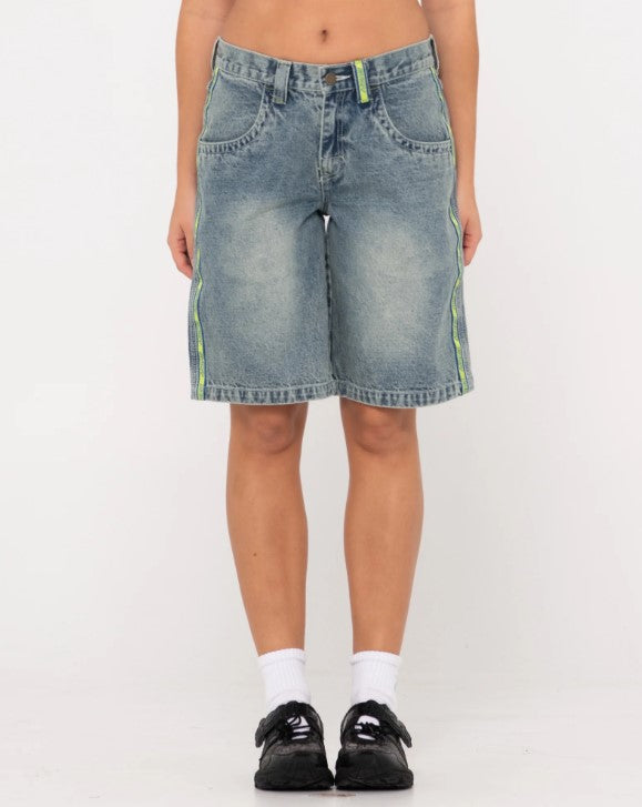 Rusty Flip Mommy Low Rise Wide Leg Denim Shorts in dirty dawg with lime taping from front