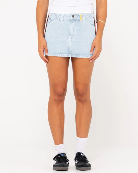 Rusty Flip Mommy Low Rise Mini Denim Skirt from front