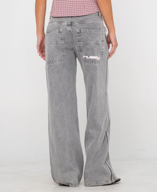 Rusty Flip Mommy Low Rise Wide Denim Jeans in london summer grey colourway with pink details from rear