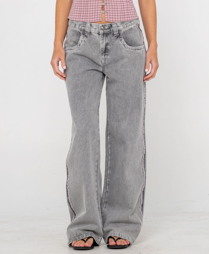 Rusty Flip Mommy Low Rise Wide Denim Jeans in london summer grey colourway with pink details from front