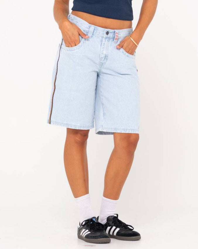 Rusty Flip Mommy Low Rise Wide Leg Denim Shorts in sky blue heather