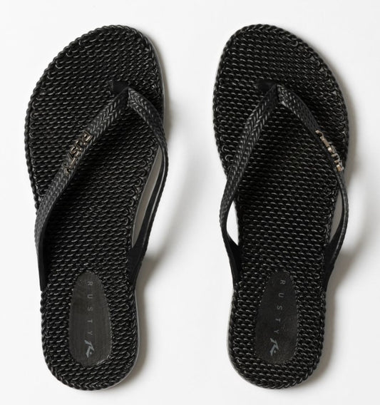 Rusty Flip Out Women's Thongs in black 2 colourway showing a pair from above