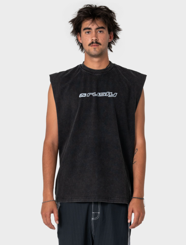 Rusty Fragment Muscle Top in black on model in pinstripe boardshorts form front on white background