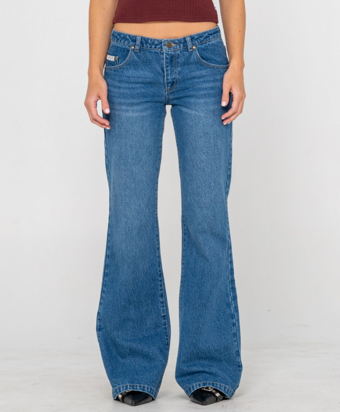 Rusty Freida Flare Low Rise Women's Jeans in blasted middie blue from front