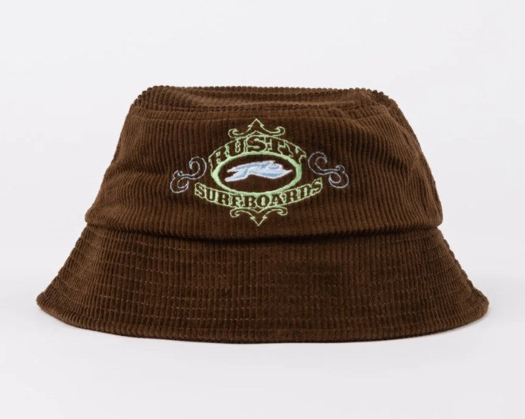 Rusty Frenzy Cord Bucket Hat in brown with gun green embroidery