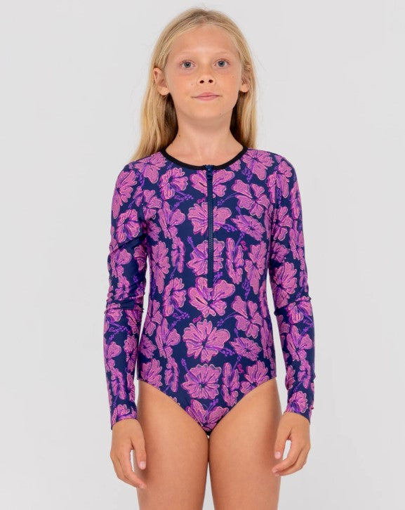 Rusty Hibiscus Long Sleeve Girls Onepiece in fuschia colour on model from front