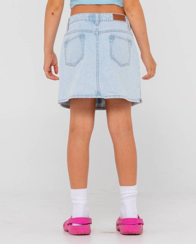 Rusty Girls Mavericks Low Rise Denim Skirt in sky blue heather from rear