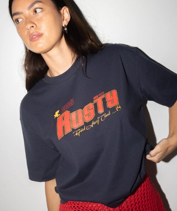 Rusty Girls Surf Club Oversize Tee in navy blue on model in studio shot