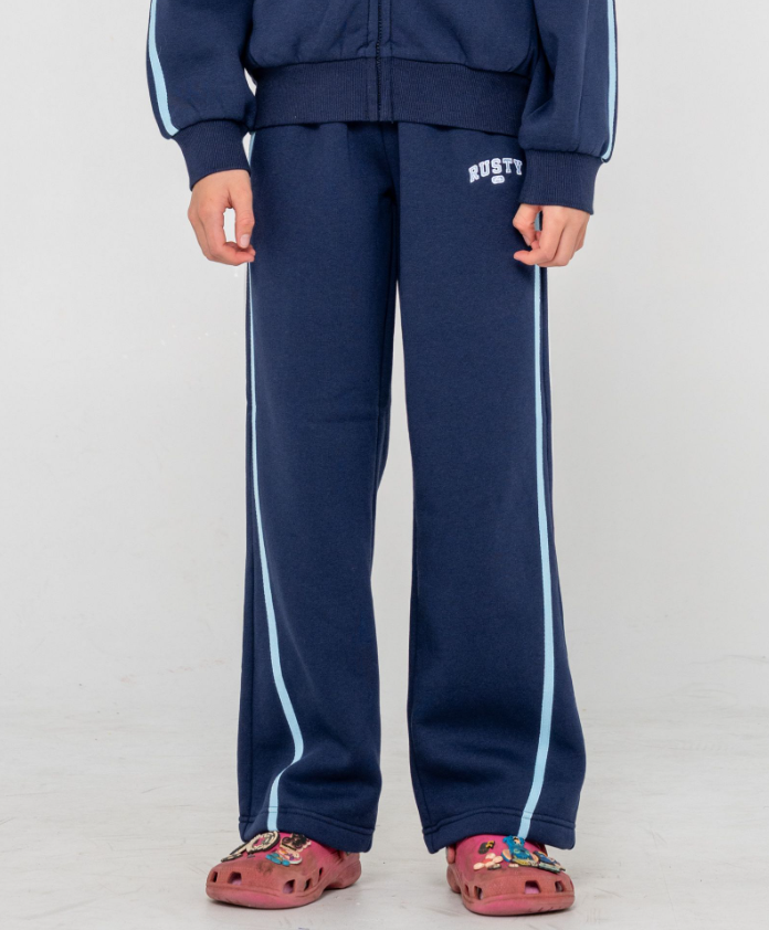 Rusty Girls Team Varsity Wide Leg Jogger Pants in navy with blue and white stripes from front