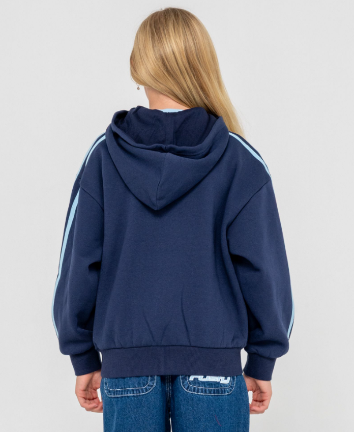 Rusty Girls Team Varsity Zip Thru Hoodie in navy with blue and white detail on model from rear