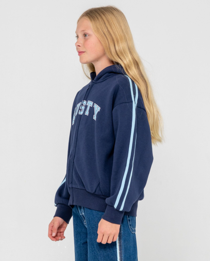 Rusty Girls Team Varsity Zip Thru Hoodie in navy with blue and white detail on model from side