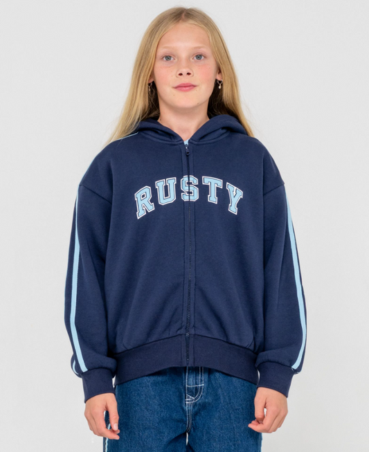 Rusty Girls Team Varsity Zip Thru Hoodie in navy with blue and white detail on model from front