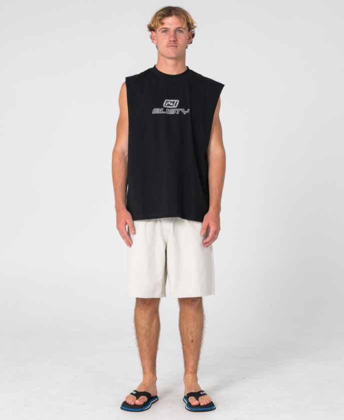 Rusty Go Figure Men's Muscle Top in black on model in light colour shorts