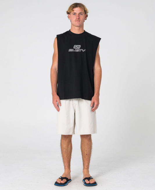 Rusty Go Figure Men's Muscle Top in black on model in light colour shorts