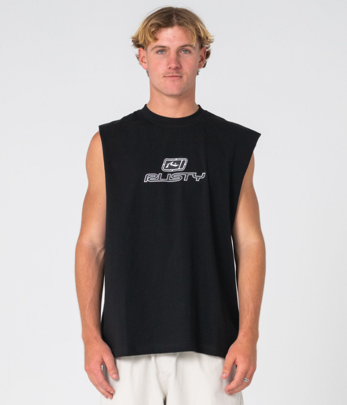 Rusty Go Figure Men's Muscle Top in black close up from front