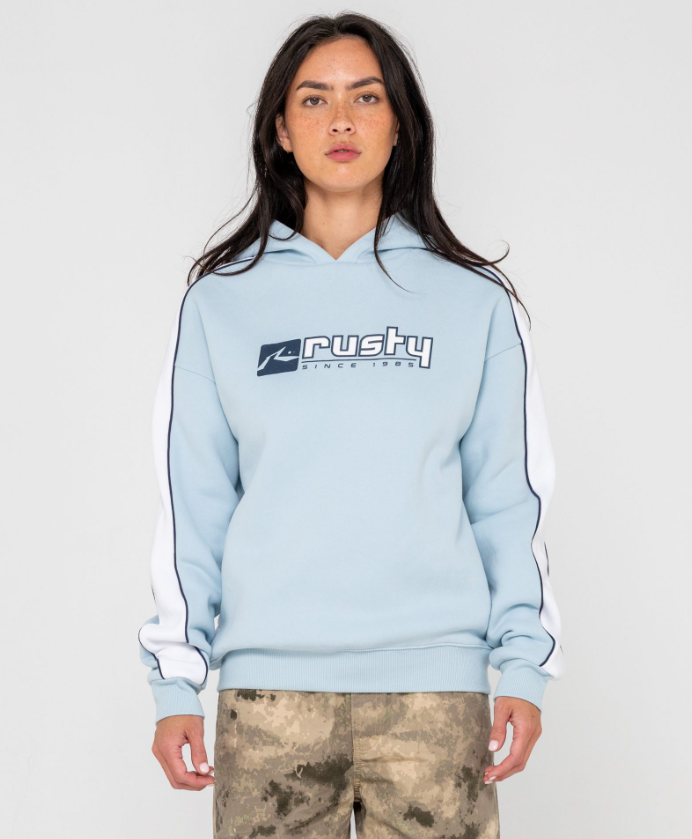 Rusty Hailstone Oversized Hooded Fleece in retro blue on model from front
