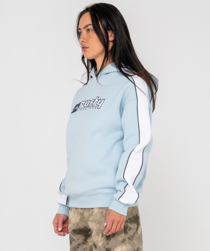 Rusty Hailstone Oversized Hooded Fleece in retro blue on model from side