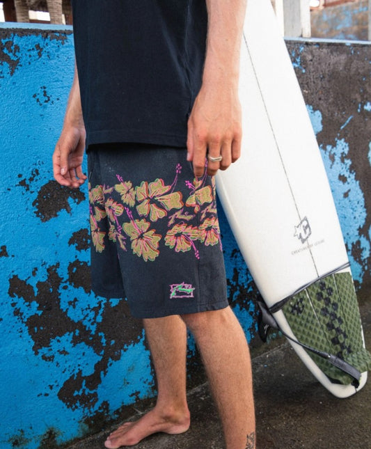 Rusty Hi Viscuz Boardshorts in coal colourway with floral print outside 