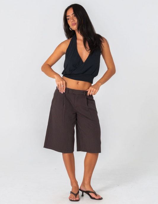 Rusty Honey Halter Top in back on model in brown pinstripe shorts from the front