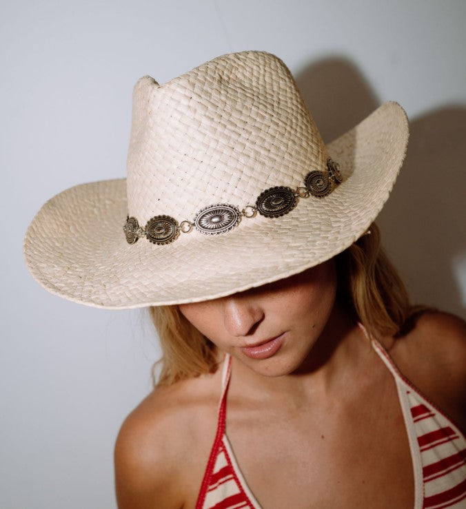 Rusty Howdy Cowboy Straw Hat in natural colour on blonde model in red striped tank from front close up