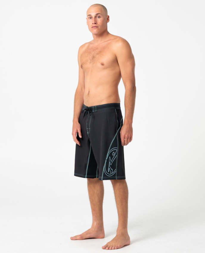 Rusty Hydro Surge Fixed Waist 22" Boardshorts in black on model from side