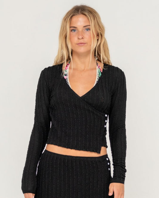 Rusty I Kissed a Pearl Lace Wrap Longsleeve Top  in black on blonde woman