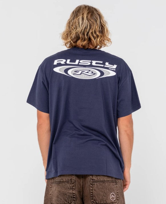 Rusty Irie Eye Tee in navy 2 from rear