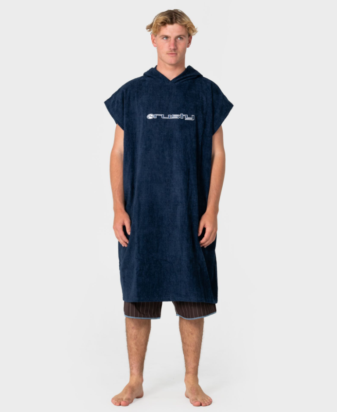 RUSTY JUST SURFING CHANGE TOWEL
 in navy colourway on model from the front