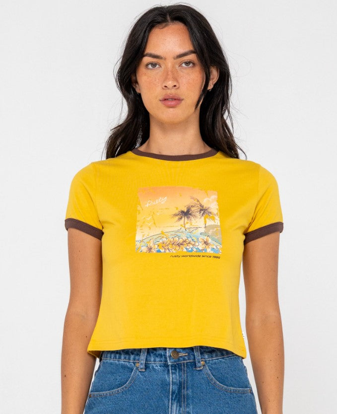 Rusty La Cabana Contrast Ringer Tee in lemon yellow with brown trim on model from front close up