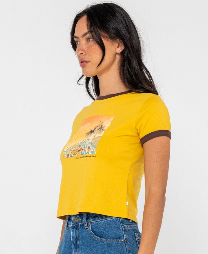 Rusty La Cabana Contrast Ringer Tee in lemon yellow with brown trim on model from side