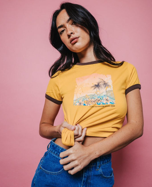 Rusty La Cabana Contrast Ringer Tee in lemon yellow with brown trim on model from front